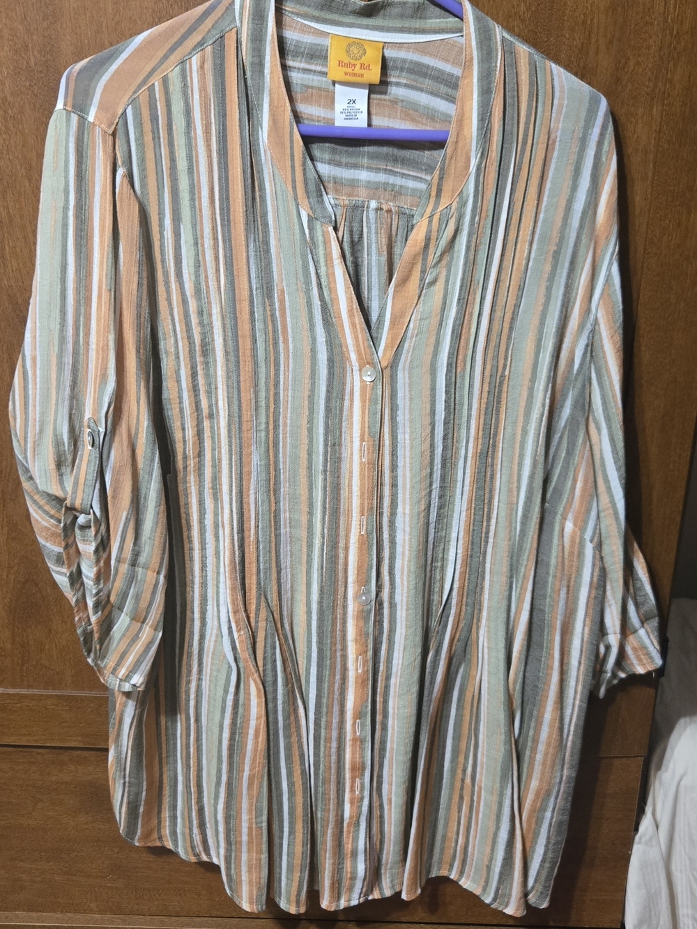 Ruby Rd. Vertical Striped Button-Up in Peach, Sage & White